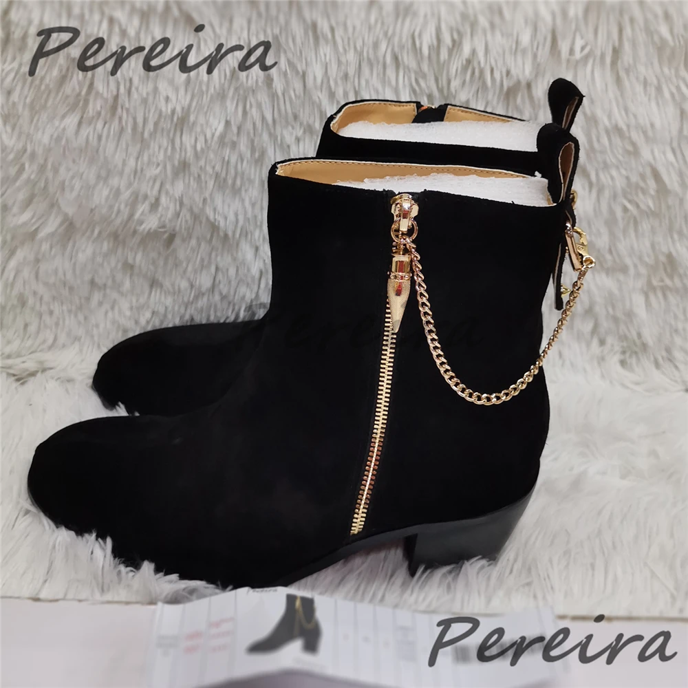 Men Suede Ankle Boots Gold Chain Black Red Velvet Pointed Toe High Heel Shoes Luxury Genuine Leather Side Zipper Chelsea Boots