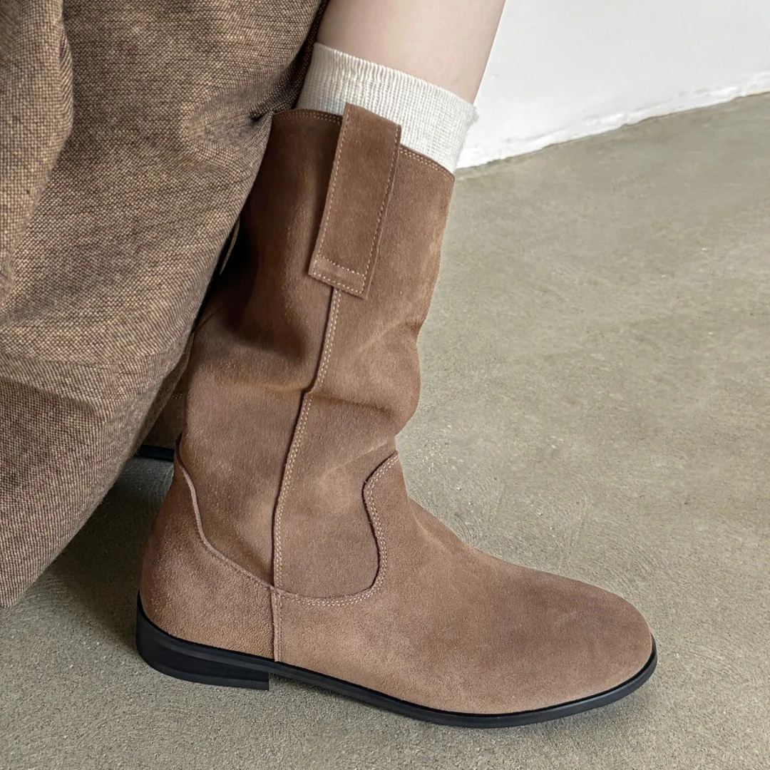 Women's natural suede leather slip-on flats autumn mid-calf boots high quality pleated casual female half boots shoes for woman