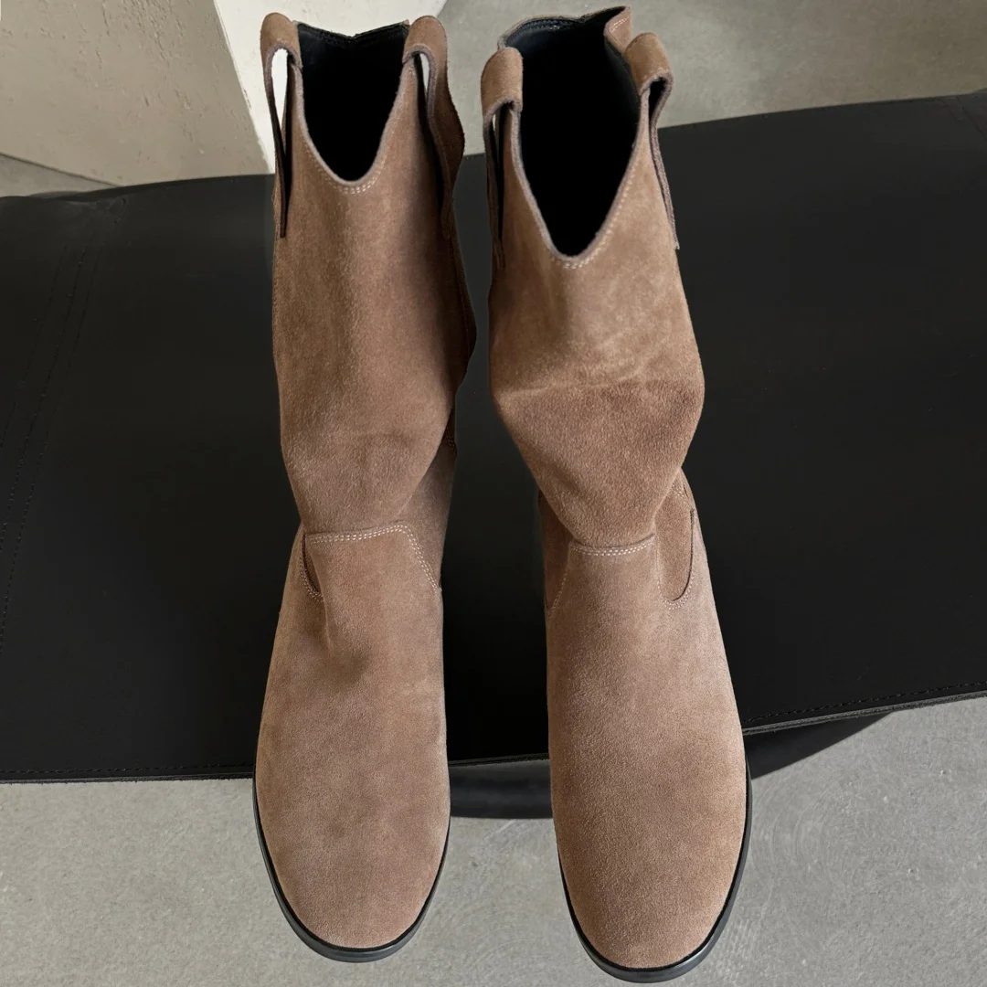 Women's natural suede leather slip-on flats autumn mid-calf boots high quality pleated casual female half boots shoes for woman