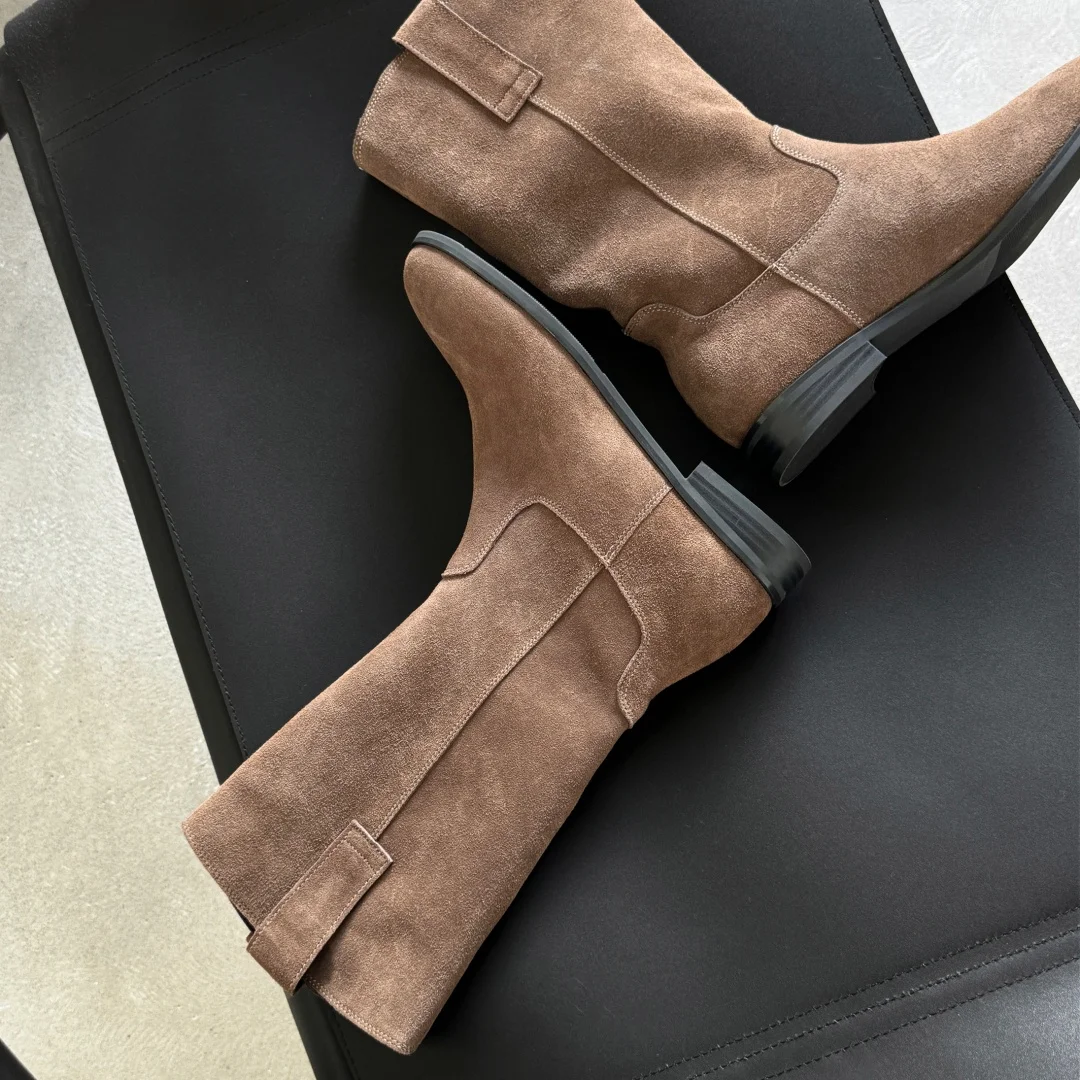 Women's natural suede leather slip-on flats autumn mid-calf boots high quality pleated casual female half boots shoes for woman