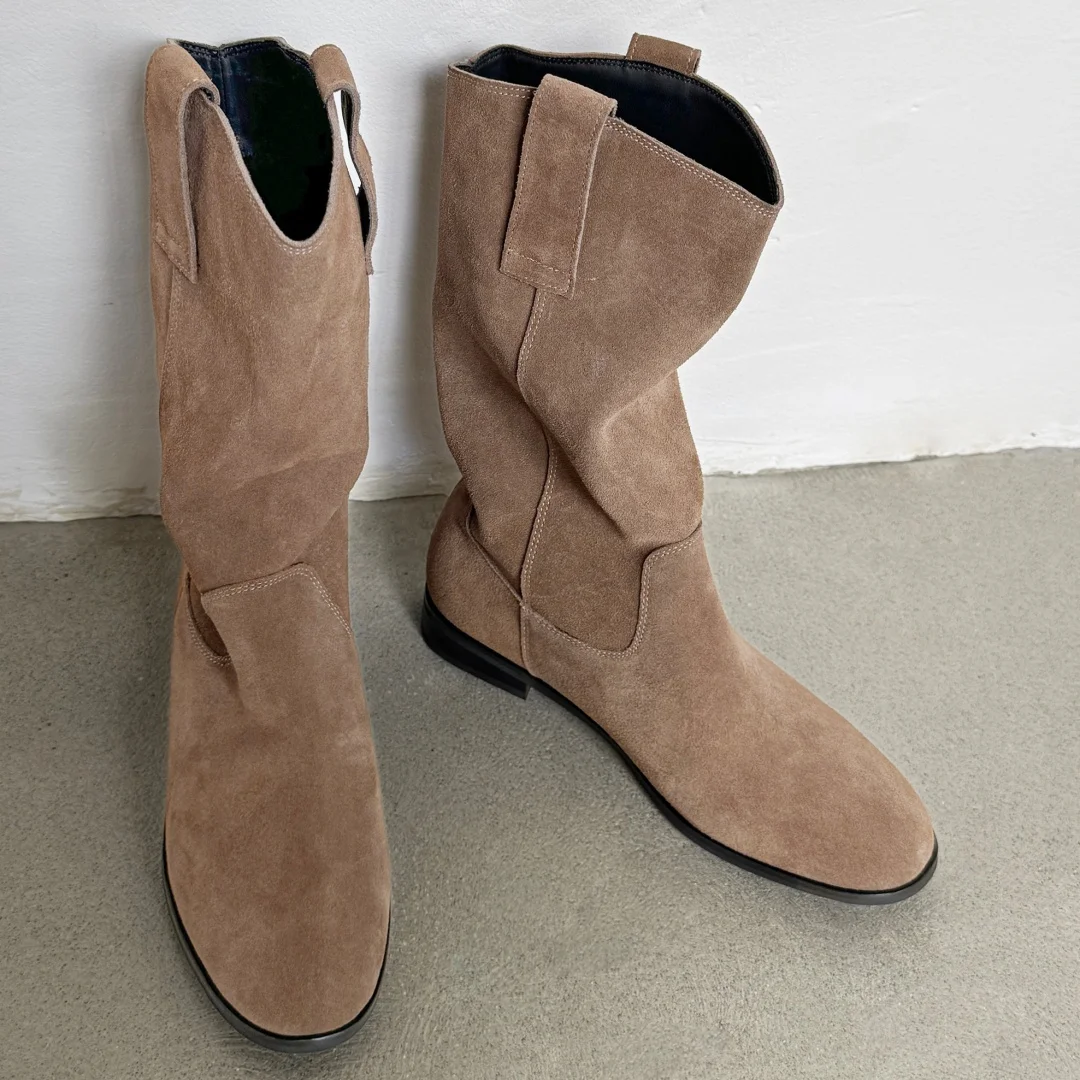 Women's natural suede leather slip-on flats autumn mid-calf boots high quality pleated casual female half boots shoes for woman
