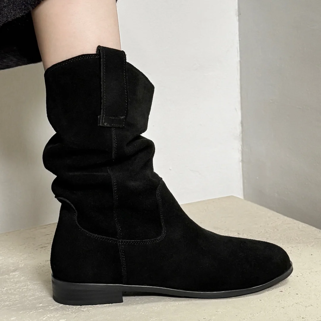 Women's natural suede leather slip-on flats autumn mid-calf boots high quality pleated casual female half boots shoes for woman