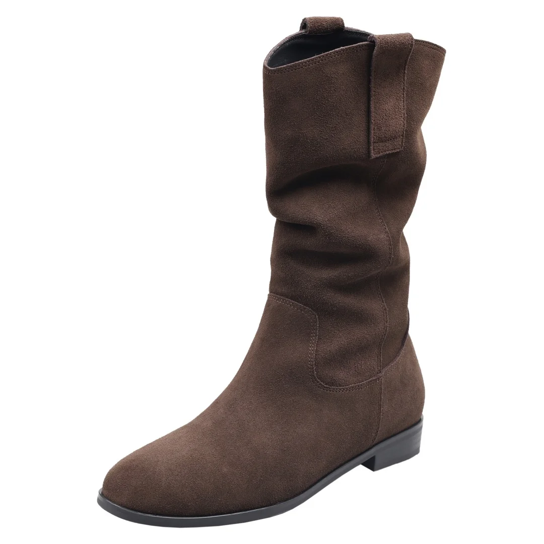 Women's natural suede leather slip-on flats autumn mid-calf boots high quality pleated casual female half boots shoes for woman
