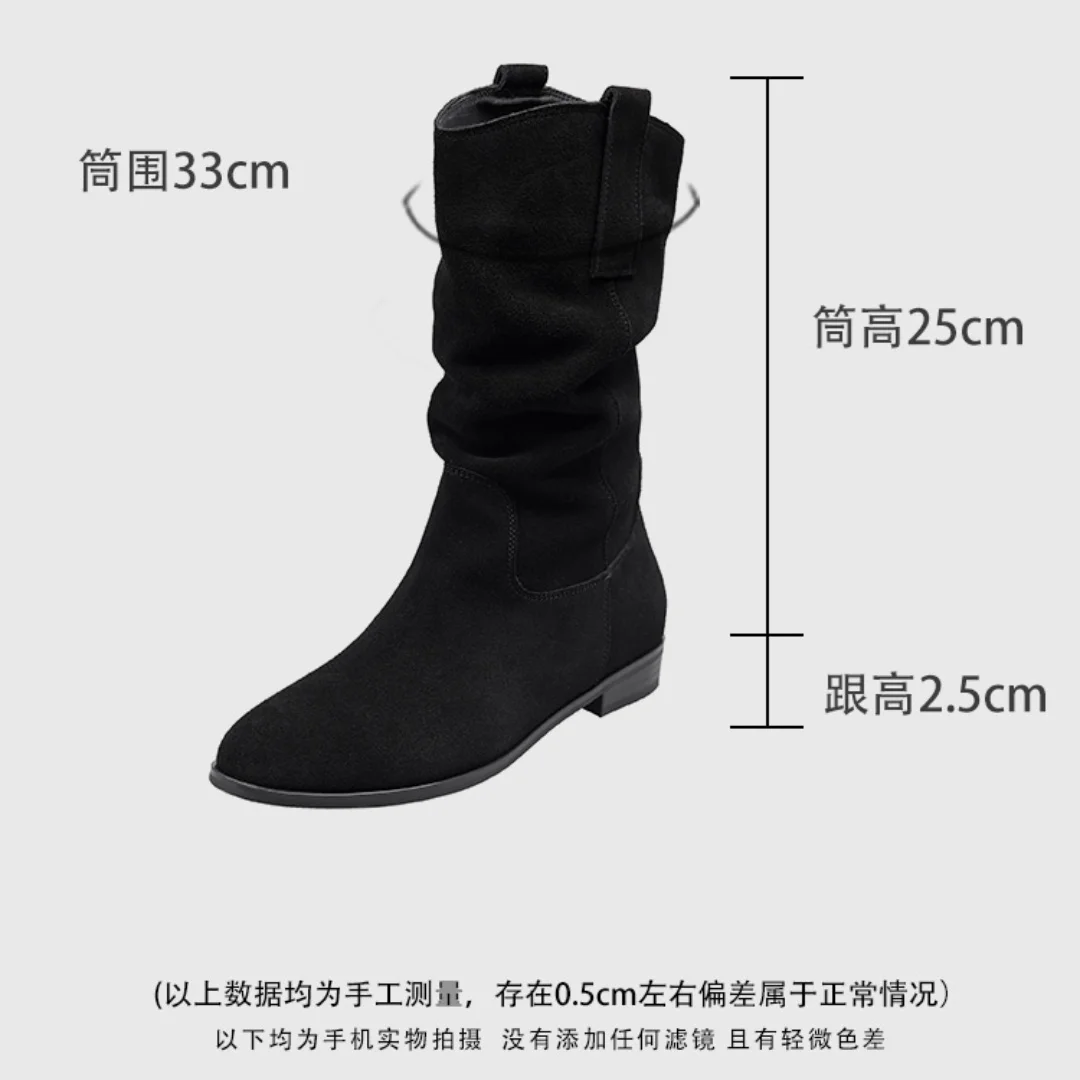 Women's natural suede leather slip-on flats autumn mid-calf boots high quality pleated casual female half boots shoes for woman