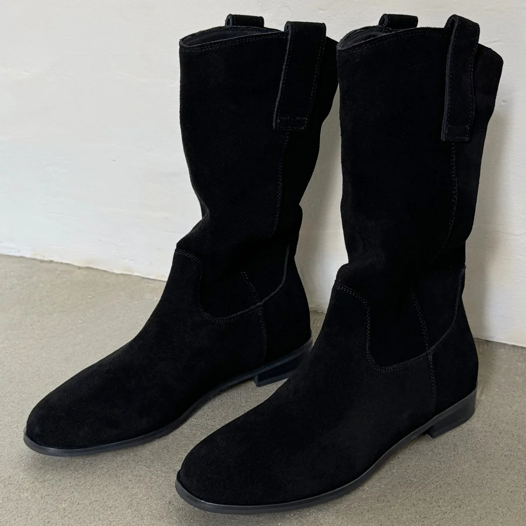 Women's natural suede leather slip-on flats autumn mid-calf boots high quality pleated casual female half boots shoes for woman