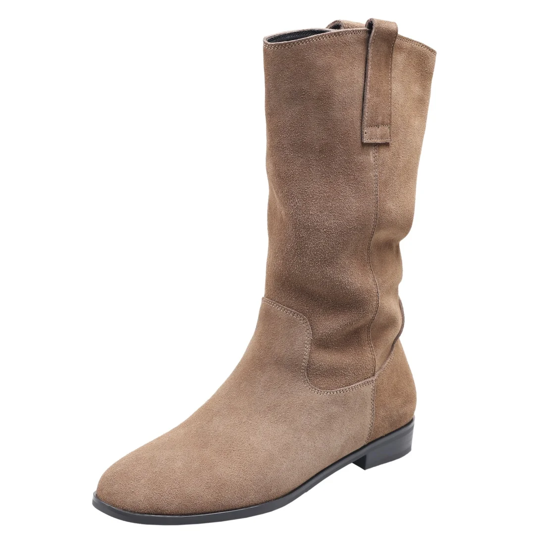 Women's natural suede leather slip-on flats autumn mid-calf boots high quality pleated casual female half boots shoes for woman