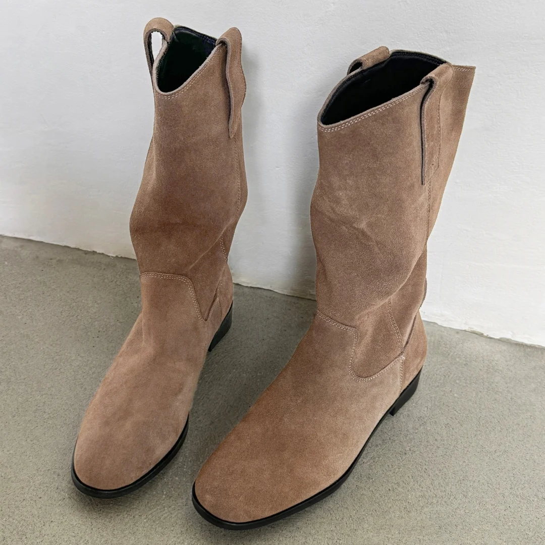 Women's natural suede leather slip-on flats autumn mid-calf boots high quality pleated casual female half boots shoes for woman