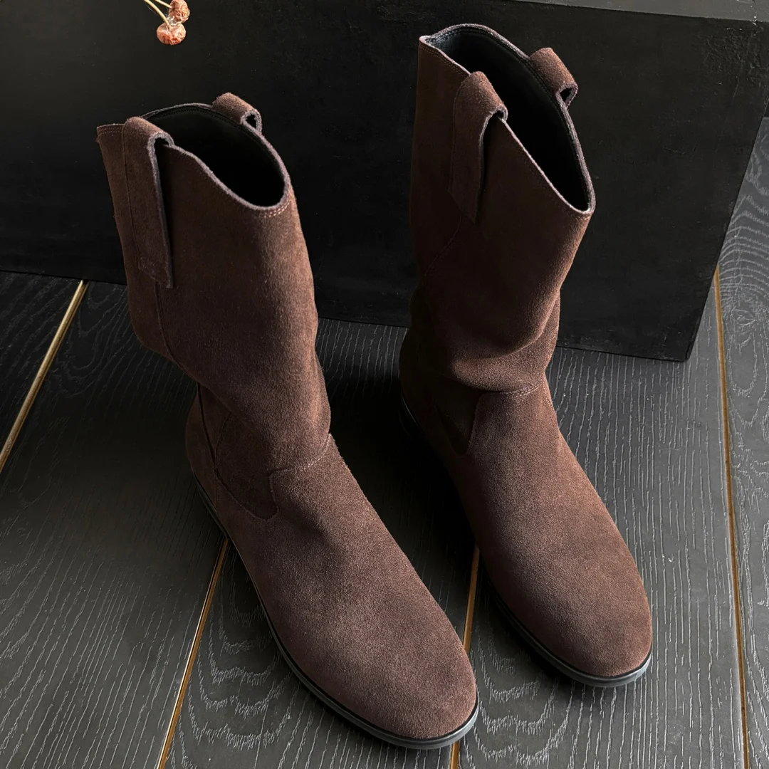 Women's natural suede leather slip-on flats autumn mid-calf boots high quality pleated casual female half boots shoes for woman