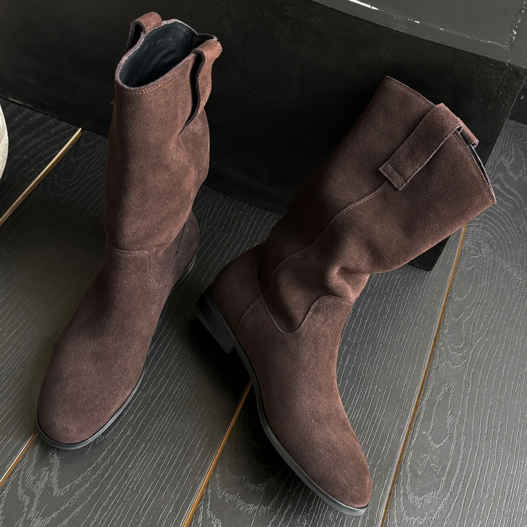 Women's natural suede leather slip-on flats autumn mid-calf boots high quality pleated casual female half boots shoes for woman