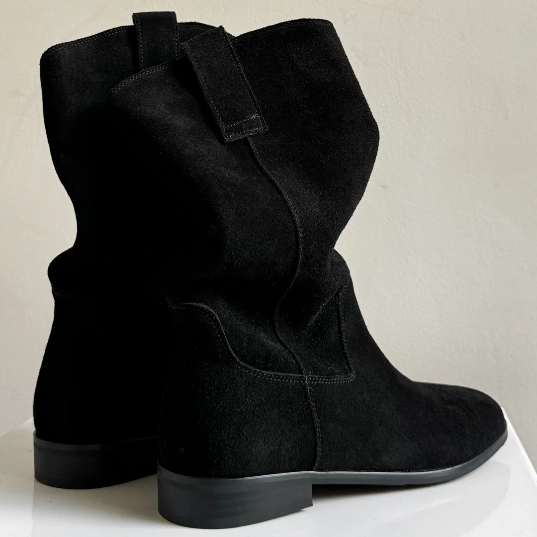 Women's natural suede leather slip-on flats autumn mid-calf boots high quality pleated casual female half boots shoes for woman