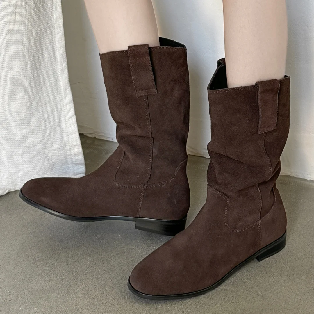 Women's natural suede leather slip-on flats autumn mid-calf boots high quality pleated casual female half boots shoes for woman