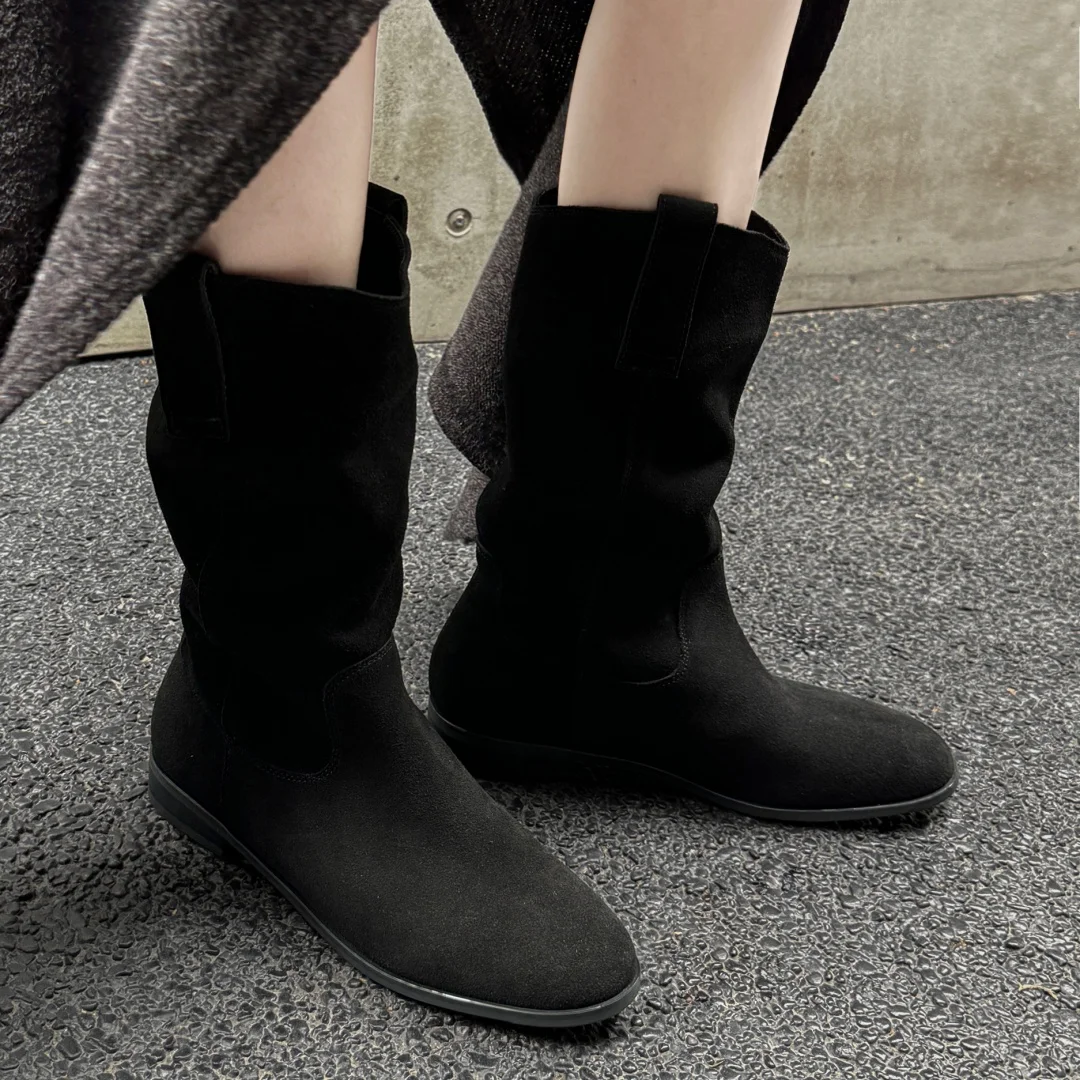 Women's natural suede leather slip-on flats autumn mid-calf boots high quality pleated casual female half boots shoes for woman