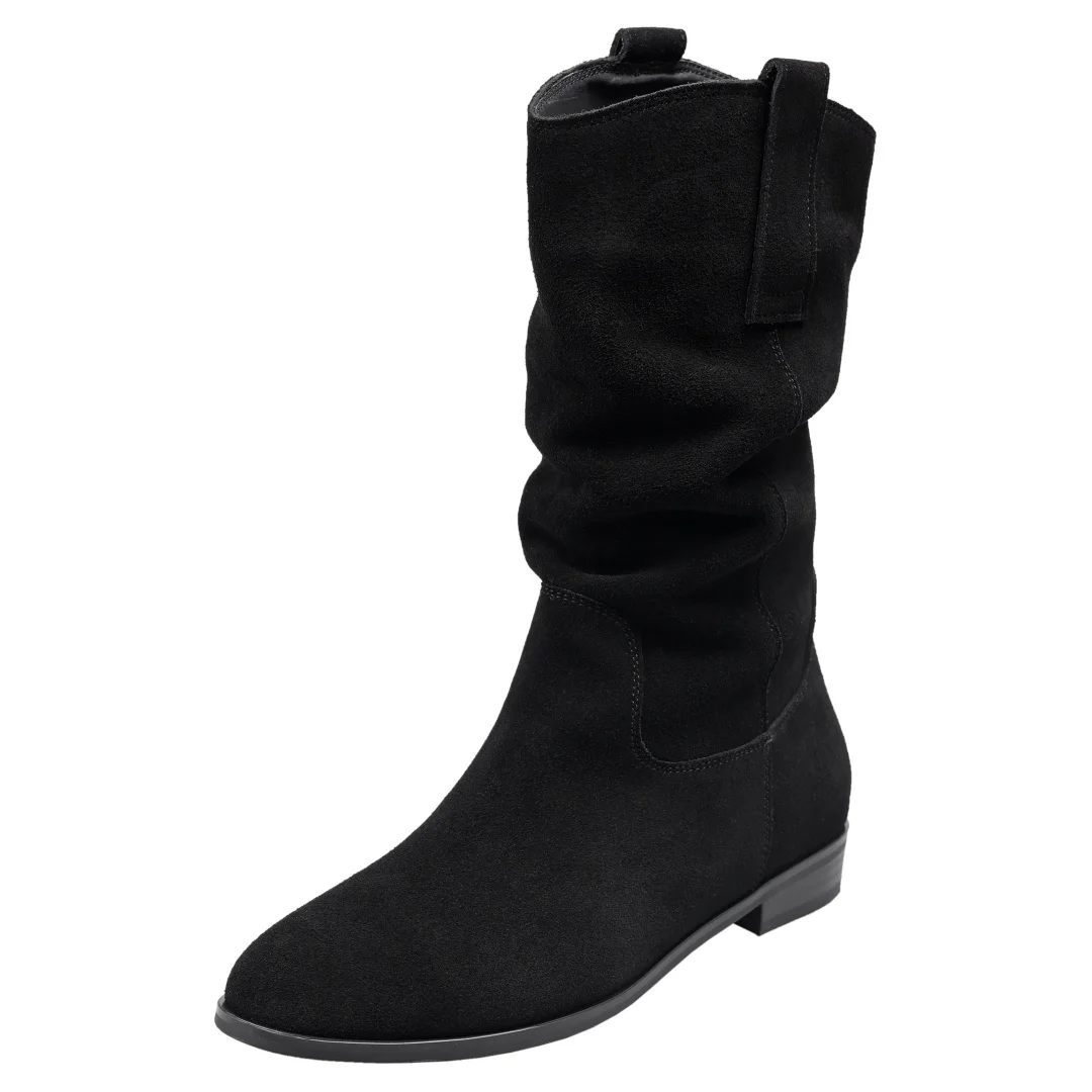Women's natural suede leather slip-on flats autumn mid-calf boots high quality pleated casual female half boots shoes for woman