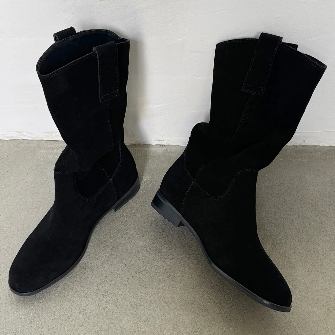 Women's natural suede leather slip-on flats autumn mid-calf boots high quality pleated casual female half boots shoes for woman