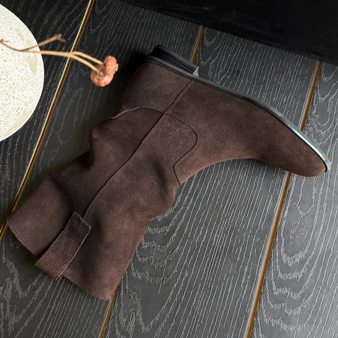 Women's natural suede leather slip-on flats autumn mid-calf boots high quality pleated casual female half boots shoes for woman
