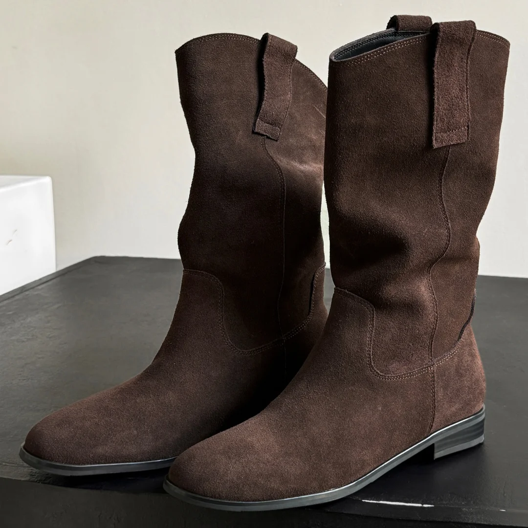 Women's natural suede leather slip-on flats autumn mid-calf boots high quality pleated casual female half boots shoes for woman