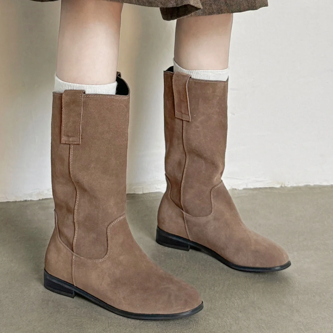 Women's natural suede leather slip-on flats autumn mid-calf boots high quality pleated casual female half boots shoes for woman