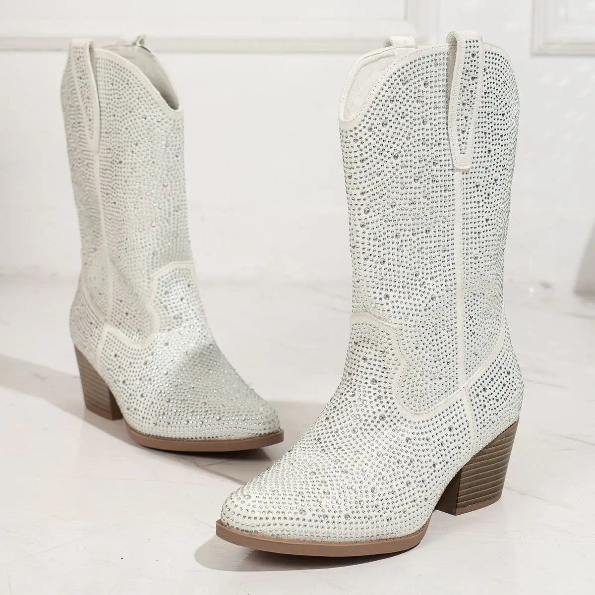 2026 New Luxury Rhinestone High Boots Woman Large Size Retro Mid-calf Western Cowboy Boots Fashionable Pointed Toe Wedge Shoes