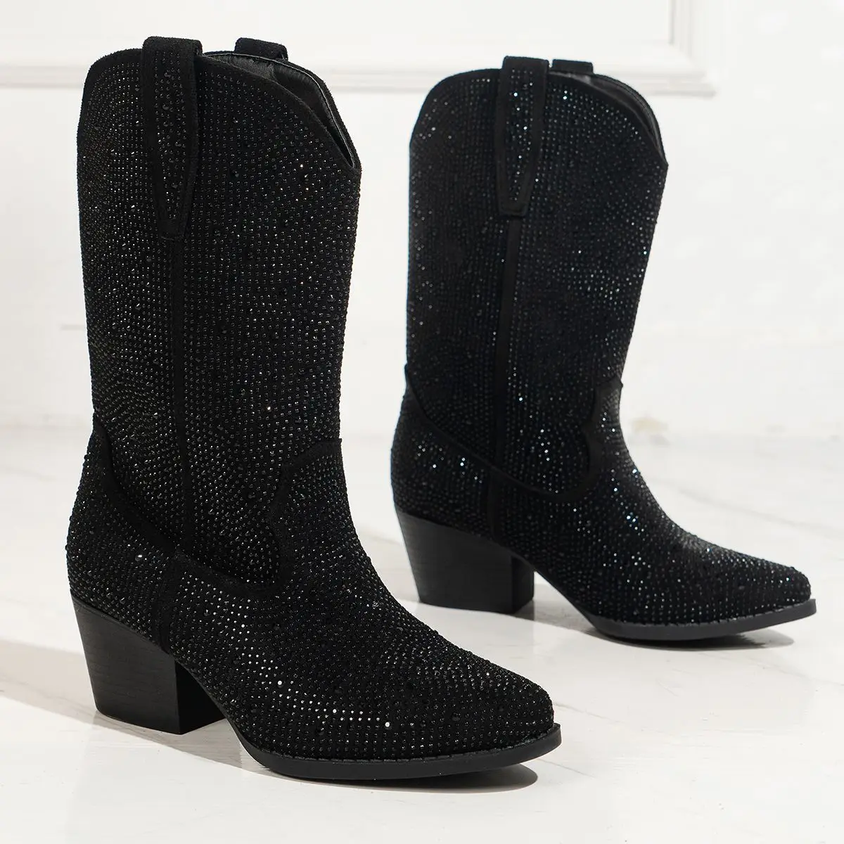 2026 New Luxury Rhinestone High Boots Woman Large Size Retro Mid-calf Western Cowboy Boots Fashionable Pointed Toe Wedge Shoes