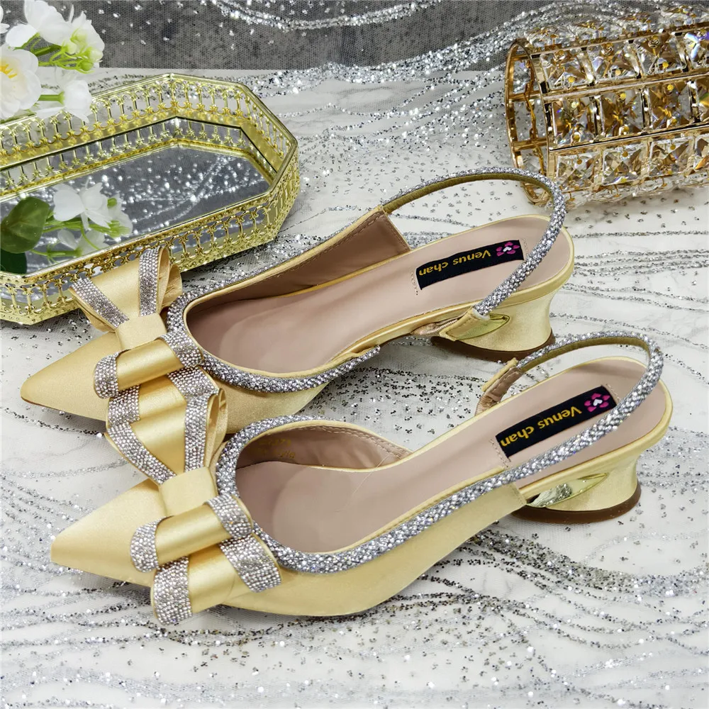 Elegant Gold Satin Rhinestone Bow Slingback Heels & Clutch Bag Set, Women Bridal Matching Kit For Wedding Party Evening Prom For