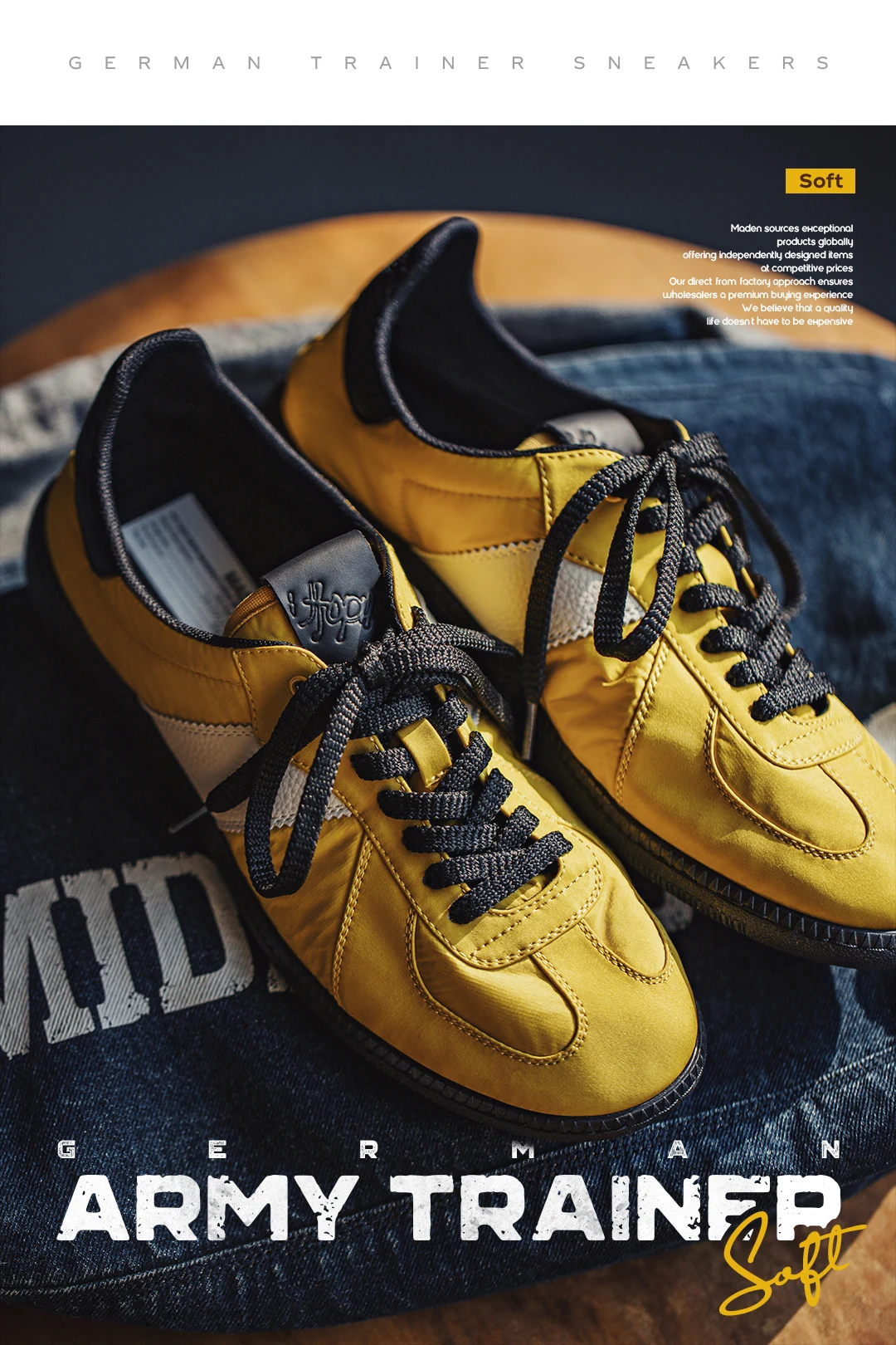 Maden Unisex Vintage Yellow Sneakers Classic Low Top Flat Sole Lightweight Casual German Trainers Lace Up Commuter Shoes