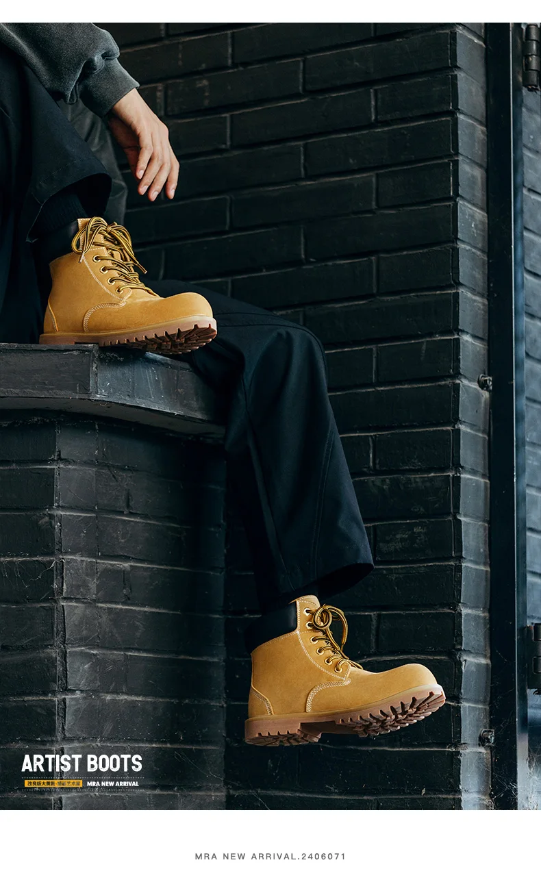 Mr.A Brand Spliced High-Top Wear-Resistant Yellow Boots Outdoor Hiking Leather Comfortable Retro Warm Boots Autumn and Winter Men's Waterproof Boots