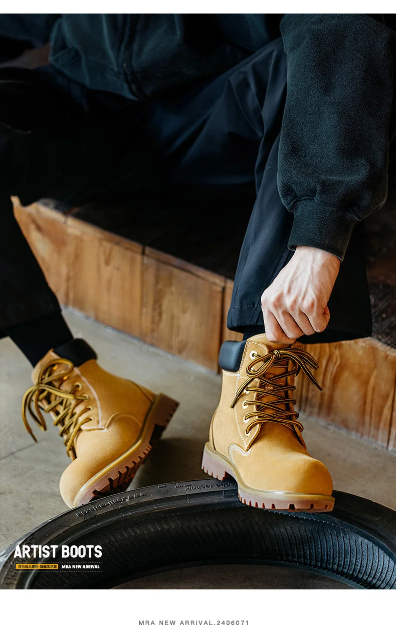 Mr.A Brand Spliced High-Top Wear-Resistant Yellow Boots Outdoor Hiking Leather Comfortable Retro Warm Boots Autumn and Winter Men's Waterproof Boots