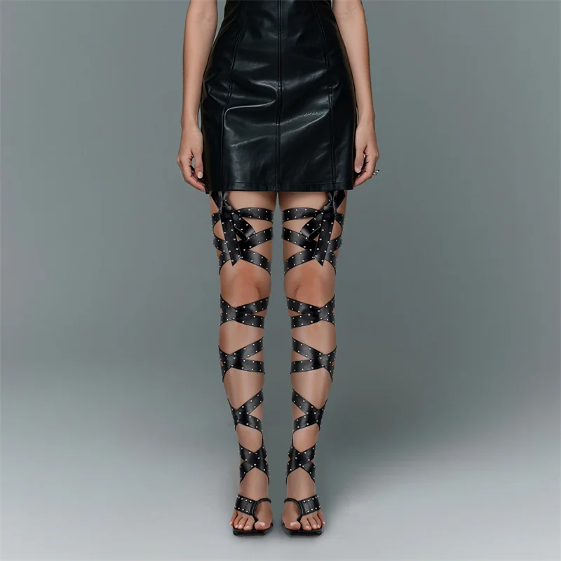 Onlymaker Square Toe Lace-Up Sexy Gladiator Thigh High Studded Wrap Straps Heels Thong Rivet Strappy Thin Heel Fashion Sandals
