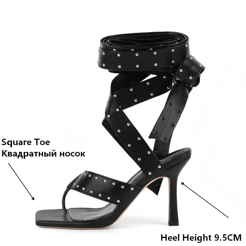 Onlymaker Square Toe Lace-Up Sexy Gladiator Thigh High Studded Wrap Straps Heels Thong Rivet Strappy Thin Heel Fashion Sandals