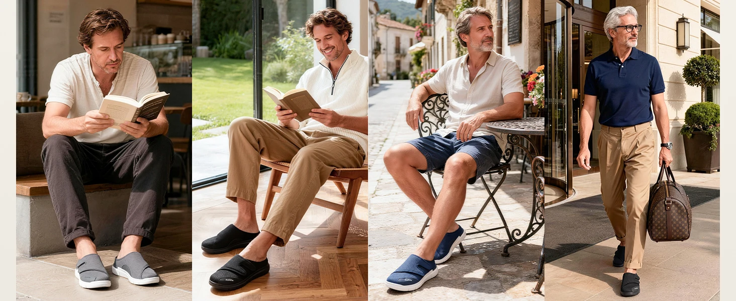 FitVille Men's Diabetic Shoes Orthopedic Slippers with Arch Support Extra Wide Toe Slip-On Sandals All-Day Comfort Swollen Feet