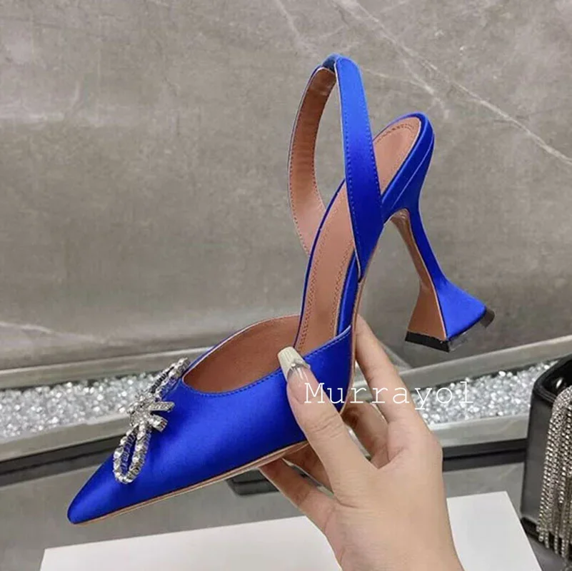 Pointed Toe Satin Silk High Heels Sandals Women Shiny Crystal Cup Heels Back Strap Sandalias Summer Fashion Party Banquet Shoes