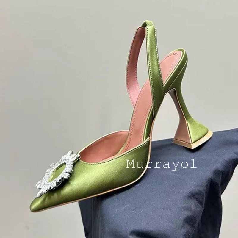 Pointed Toe Satin Silk High Heels Sandals Women Shiny Crystal Cup Heels Back Strap Sandalias Summer Fashion Party Banquet Shoes