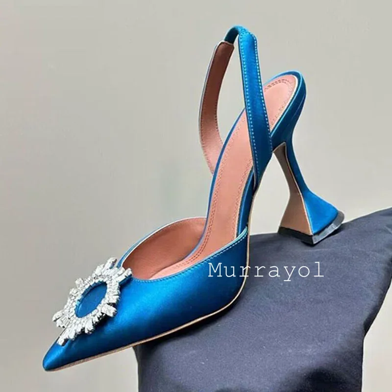 Pointed Toe Satin Silk High Heels Sandals Women Shiny Crystal Cup Heels Back Strap Sandalias Summer Fashion Party Banquet Shoes