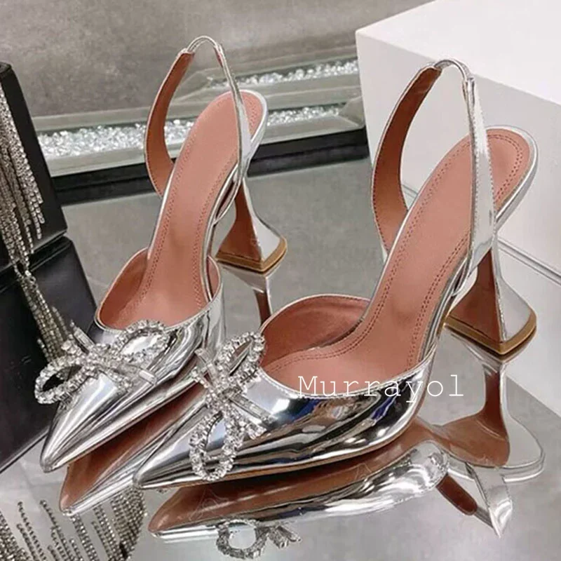 Pointed Toe Satin Silk High Heels Sandals Women Shiny Crystal Cup Heels Back Strap Sandalias Summer Fashion Party Banquet Shoes