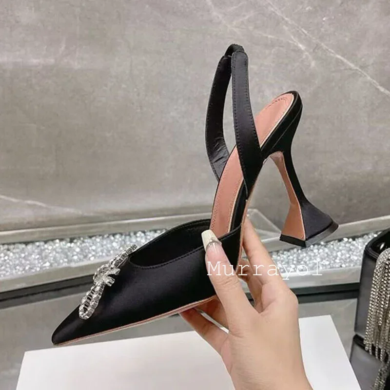 Pointed Toe Satin Silk High Heels Sandals Women Shiny Crystal Cup Heels Back Strap Sandalias Summer Fashion Party Banquet Shoes