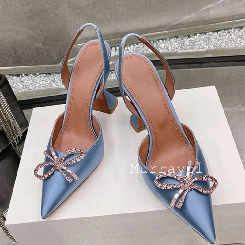 Pointed Toe Satin Silk High Heels Sandals Women Shiny Crystal Cup Heels Back Strap Sandalias Summer Fashion Party Banquet Shoes
