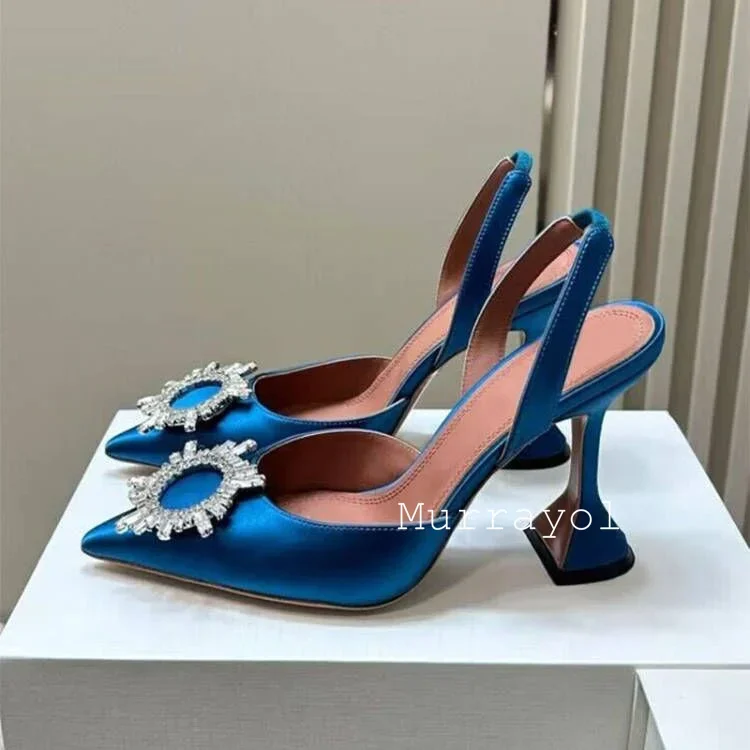 Pointed Toe Satin Silk High Heels Sandals Women Shiny Crystal Cup Heels Back Strap Sandalias Summer Fashion Party Banquet Shoes