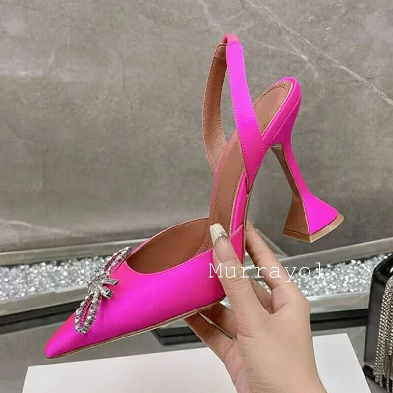 Pointed Toe Satin Silk High Heels Sandals Women Shiny Crystal Cup Heels Back Strap Sandalias Summer Fashion Party Banquet Shoes