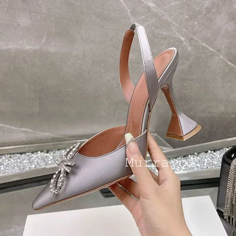 Pointed Toe Satin Silk High Heels Sandals Women Shiny Crystal Cup Heels Back Strap Sandalias Summer Fashion Party Banquet Shoes