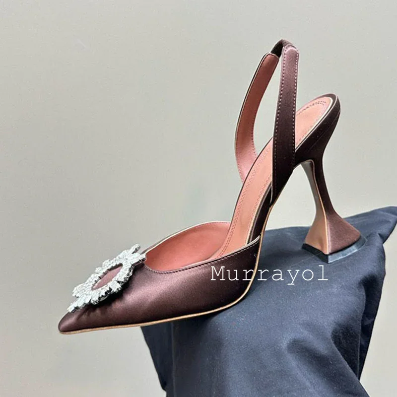Pointed Toe Satin Silk High Heels Sandals Women Shiny Crystal Cup Heels Back Strap Sandalias Summer Fashion Party Banquet Shoes