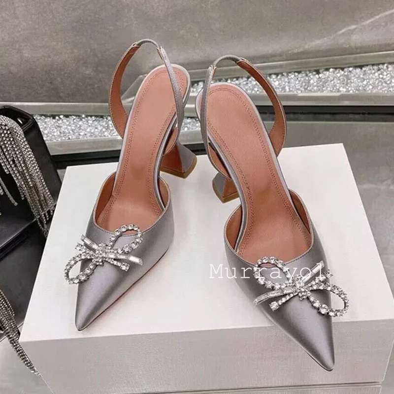 Pointed Toe Satin Silk High Heels Sandals Women Shiny Crystal Cup Heels Back Strap Sandalias Summer Fashion Party Banquet Shoes