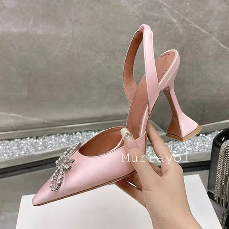 Pointed Toe Satin Silk High Heels Sandals Women Shiny Crystal Cup Heels Back Strap Sandalias Summer Fashion Party Banquet Shoes