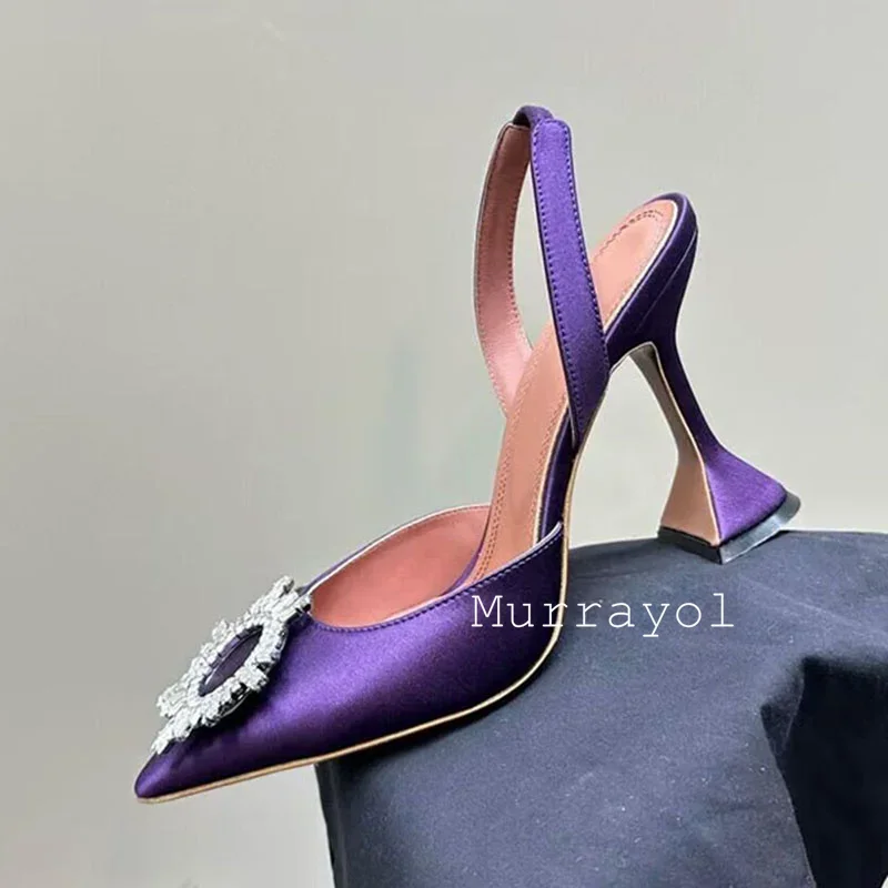 Pointed Toe Satin Silk High Heels Sandals Women Shiny Crystal Cup Heels Back Strap Sandalias Summer Fashion Party Banquet Shoes