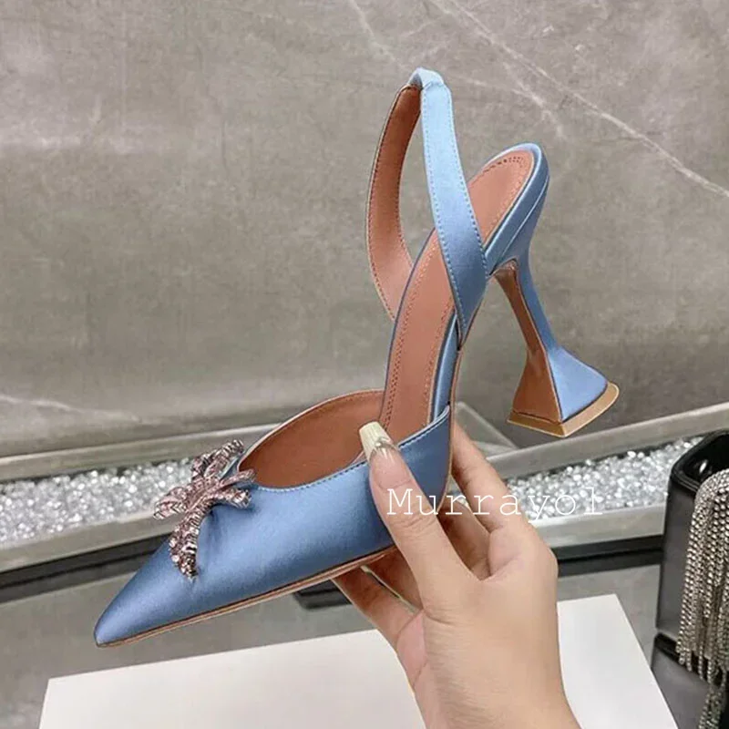 Pointed Toe Satin Silk High Heels Sandals Women Shiny Crystal Cup Heels Back Strap Sandalias Summer Fashion Party Banquet Shoes
