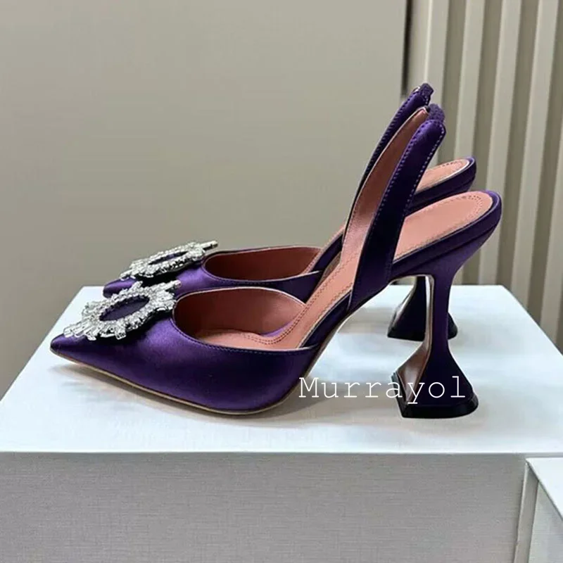 Pointed Toe Satin Silk High Heels Sandals Women Shiny Crystal Cup Heels Back Strap Sandalias Summer Fashion Party Banquet Shoes