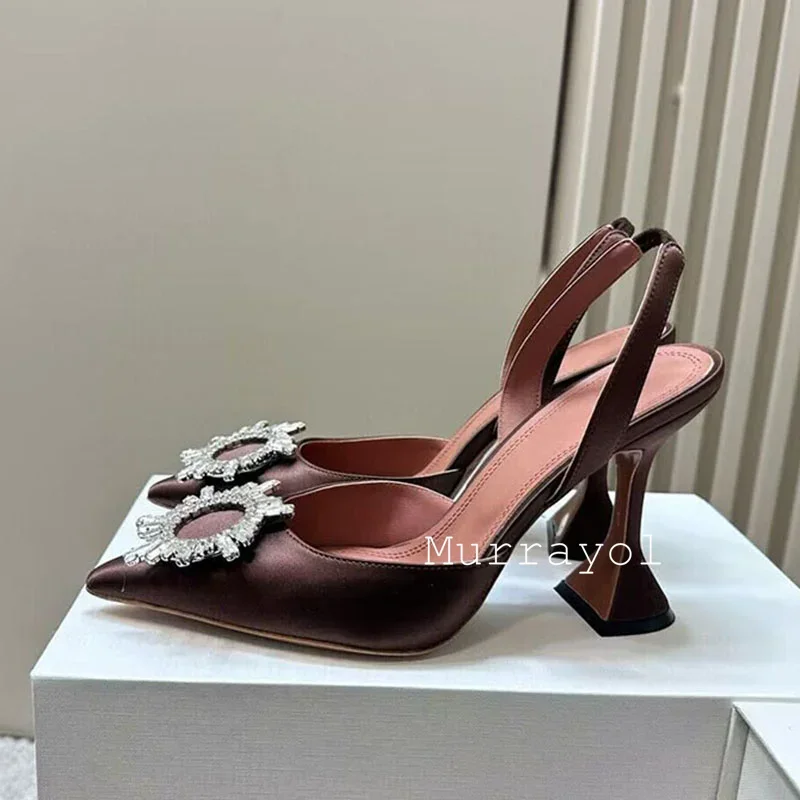 Pointed Toe Satin Silk High Heels Sandals Women Shiny Crystal Cup Heels Back Strap Sandalias Summer Fashion Party Banquet Shoes