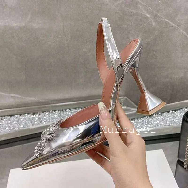 Pointed Toe Satin Silk High Heels Sandals Women Shiny Crystal Cup Heels Back Strap Sandalias Summer Fashion Party Banquet Shoes
