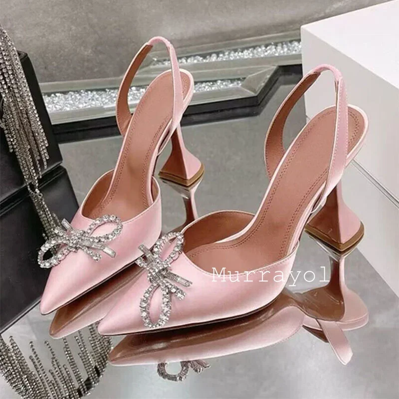 Pointed Toe Satin Silk High Heels Sandals Women Shiny Crystal Cup Heels Back Strap Sandalias Summer Fashion Party Banquet Shoes