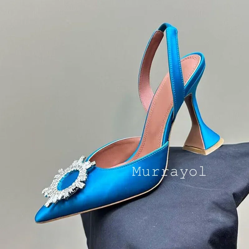 Pointed Toe Satin Silk High Heels Sandals Women Shiny Crystal Cup Heels Back Strap Sandalias Summer Fashion Party Banquet Shoes