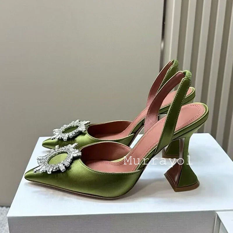 Pointed Toe Satin Silk High Heels Sandals Women Shiny Crystal Cup Heels Back Strap Sandalias Summer Fashion Party Banquet Shoes